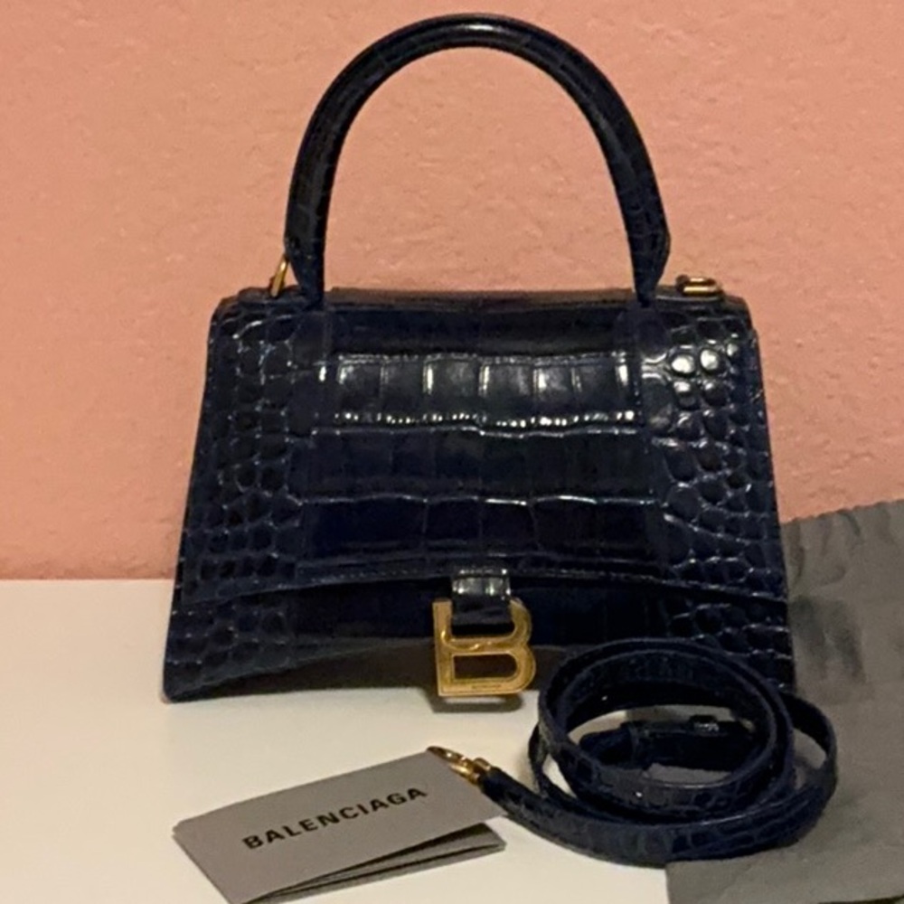 Balenciaga Blue Crocodile Embossed Leather Hourglass Small Handbag w/ Strap